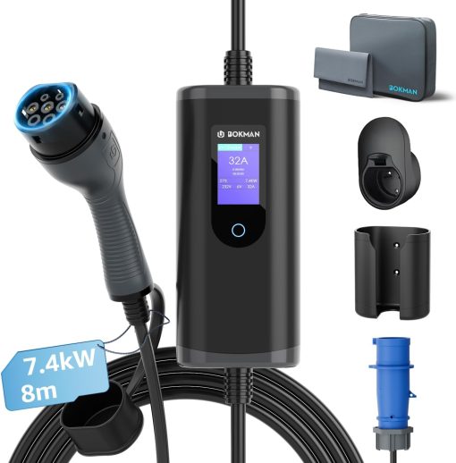 bokman Chargeur Voiture Electrique Type 2- Prise CEE Portable EV Chargeur Station de Charge Mobile/Wallbox Ajustable 6-32A| 7,2kW-7,4kW | 8 Mètre, Compatible avec BEV et PHEV