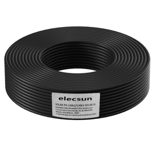 Elecsun Cable solar 6mm 1500V negro (bobina 50m) Cable solar negro de 6mm, 1500V especializado para instalaciones fotovoltaicas (venta enbobina de 50m)
