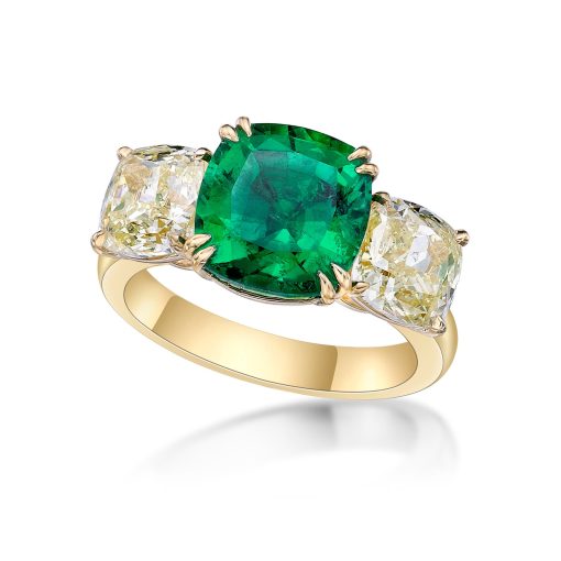 Zambian emerald and fancy yellow old cut diamond ring