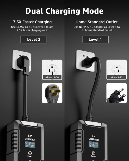 bokman Portable Level 1&2 EV Charger (240V,40A) Current Adjustable with 25ft Charging Cable and NEMA 14-50 for SAE-J1772 Electric Vehicles and PHEVs, Reservation Charging Function+ NEMA 5-15 Included - Imagen 2