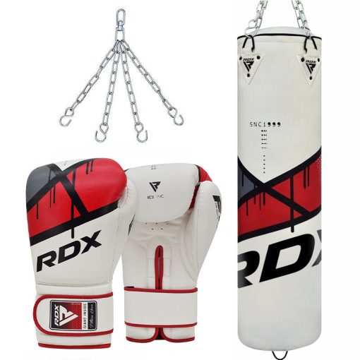 Saco de boxeo 3 en 1 RDX F7 Ego de 4 pies y 5 pies con guantes, color rojo y blanco