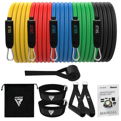 Juego de tubos de resistencia RDX L2 4 en 1 Pro de 10 a 50 libras para entrenamiento en el gimnasio en casa